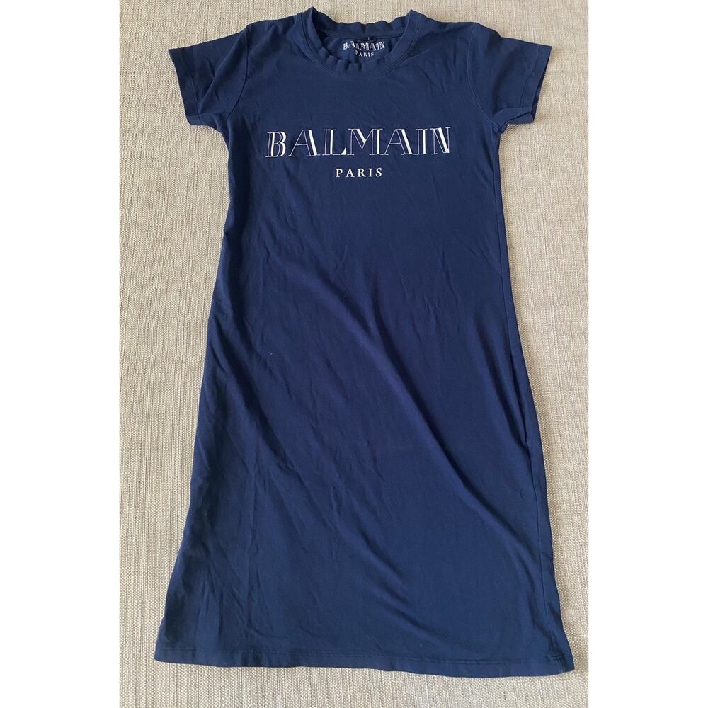 Balmain Paris Logo Print T Shirt Dress Navy Blue Size M